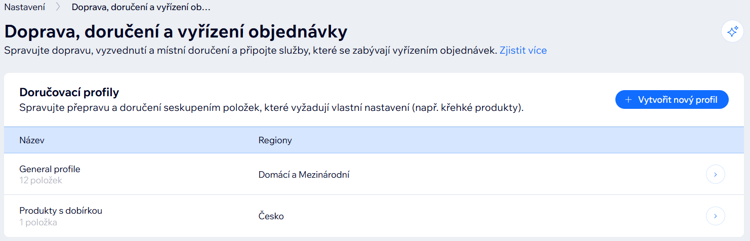 Nabídka s možností vytvořit doručovací profily